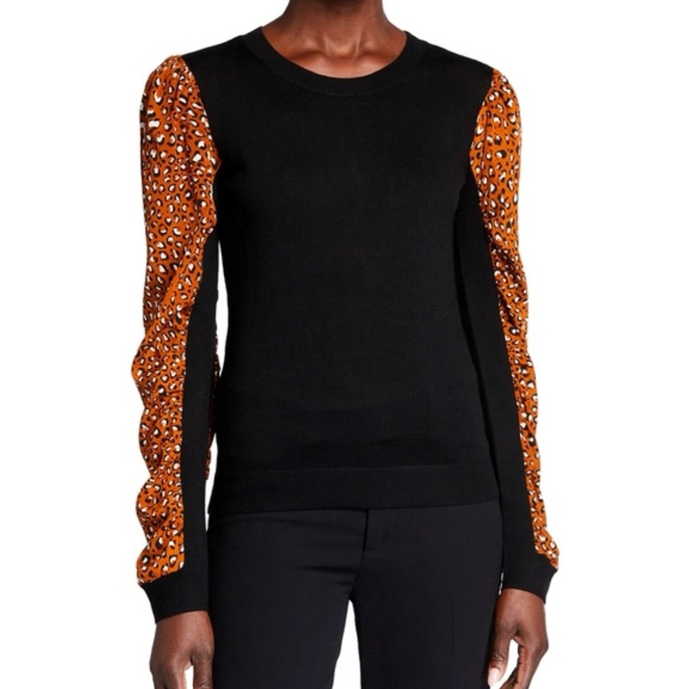 VERONICA BEARD ADLER MIXED MEDIA BLACK WOOL BROWN ANIMAL PRINT PUFF SILK SWEATER